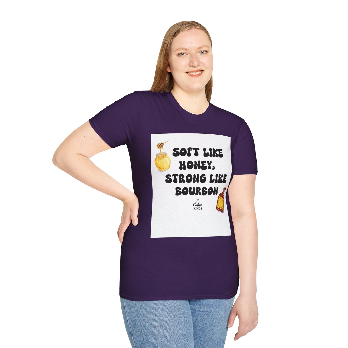 Soft Like Honey, Strong Like Bourbon Unisex T-Shirt, Funny Gift, Casual Wear, Bourbon Lover Tee, Birthday Gift, Unisex Graphic Tee