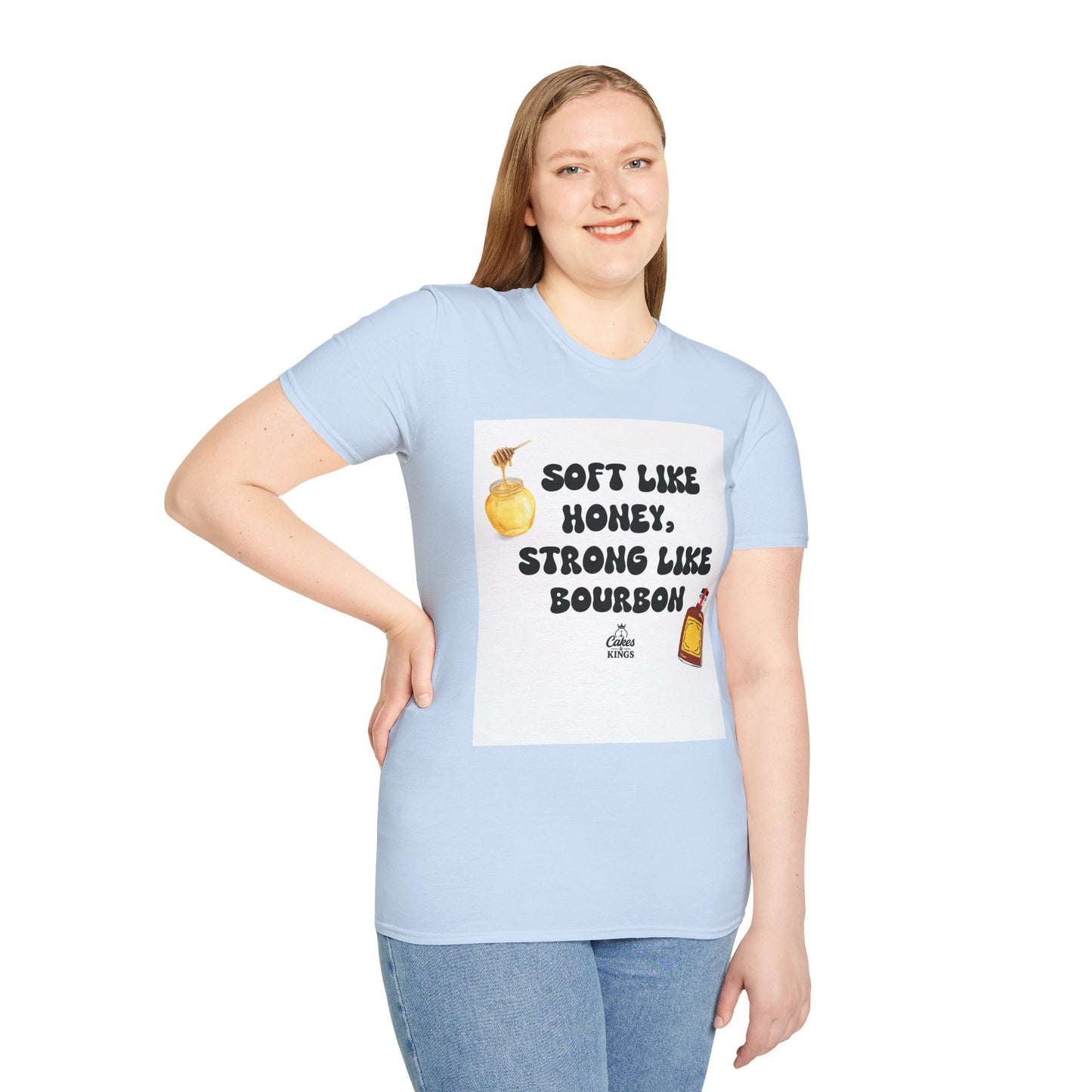 Soft Like Honey, Strong Like Bourbon Unisex T-Shirt, Funny Gift, Casual Wear, Bourbon Lover Tee, Birthday Gift, Unisex Graphic Tee