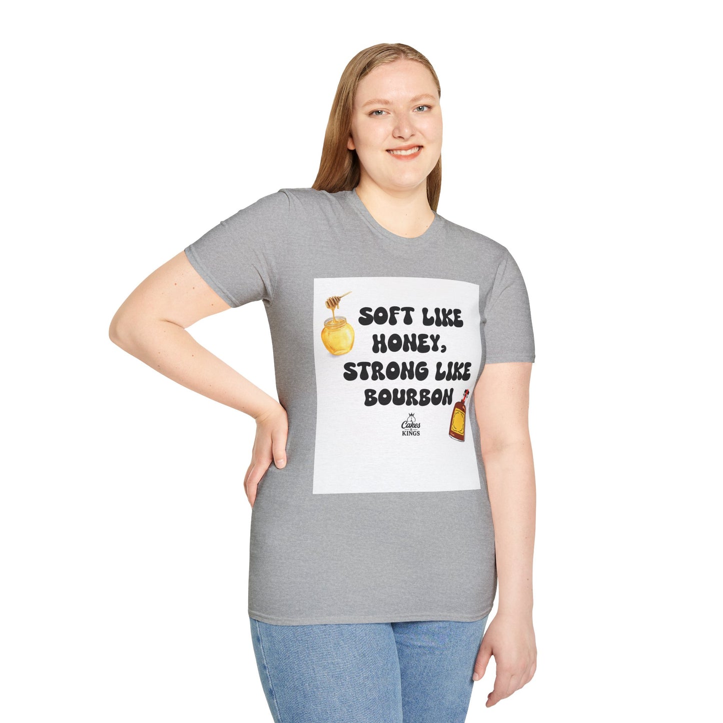 Soft Like Honey, Strong Like Bourbon Unisex T-Shirt, Funny Gift, Casual Wear, Bourbon Lover Tee, Birthday Gift, Unisex Graphic Tee