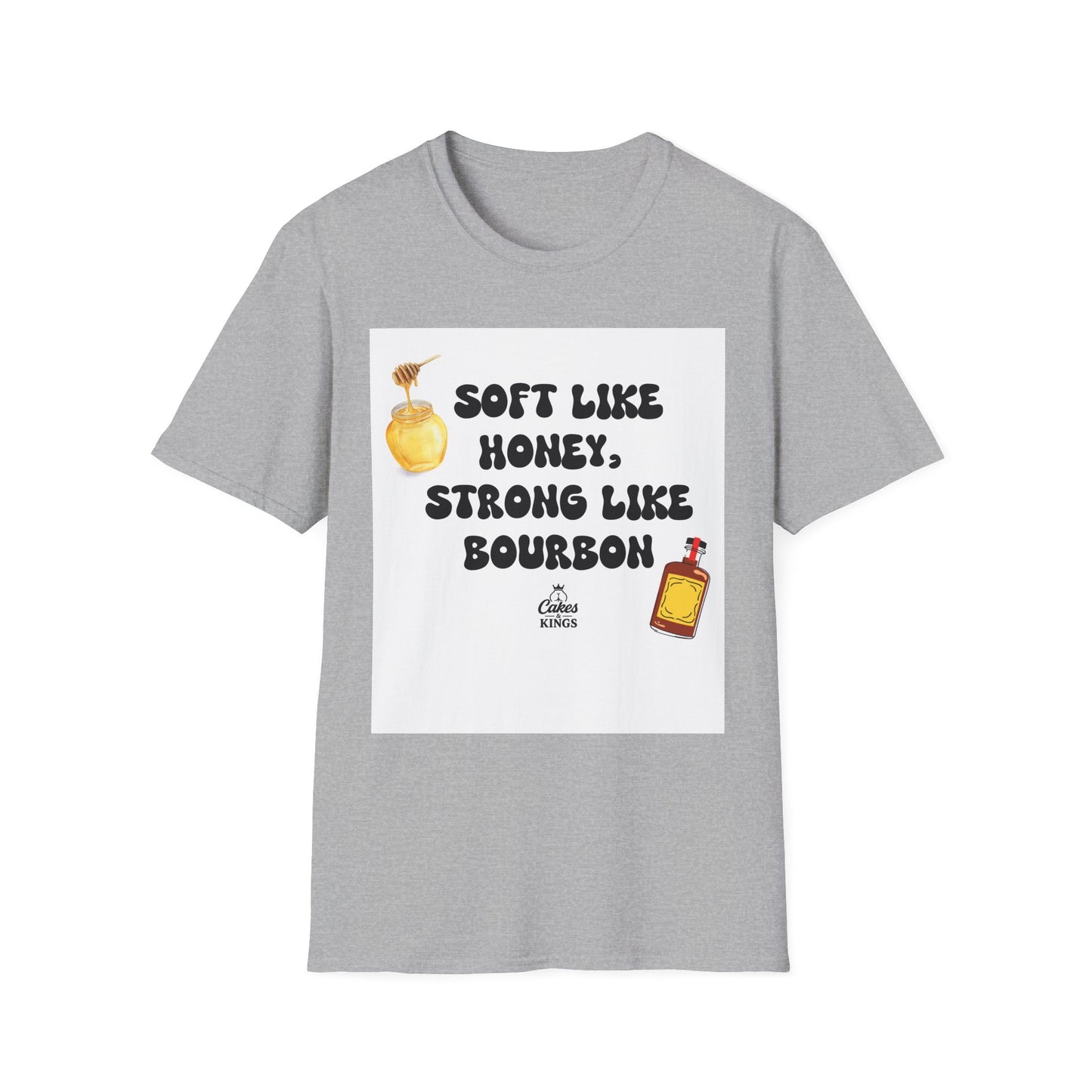 Soft Like Honey, Strong Like Bourbon Unisex T-Shirt, Funny Gift, Casual Wear, Bourbon Lover Tee, Birthday Gift, Unisex Graphic Tee