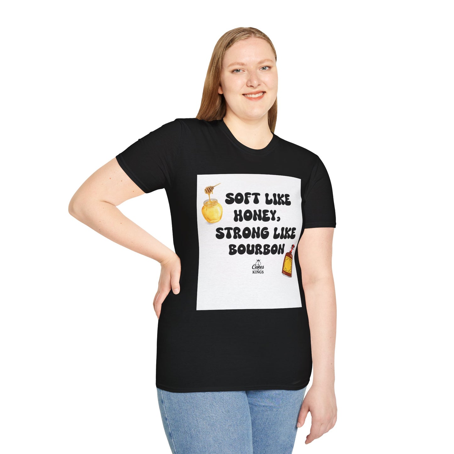 Soft Like Honey, Strong Like Bourbon Unisex T-Shirt, Funny Gift, Casual Wear, Bourbon Lover Tee, Birthday Gift, Unisex Graphic Tee