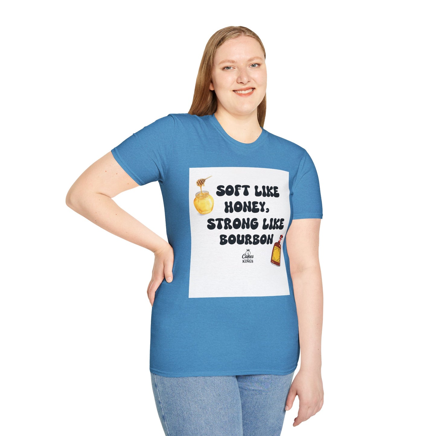Soft Like Honey, Strong Like Bourbon Unisex T-Shirt, Funny Gift, Casual Wear, Bourbon Lover Tee, Birthday Gift, Unisex Graphic Tee