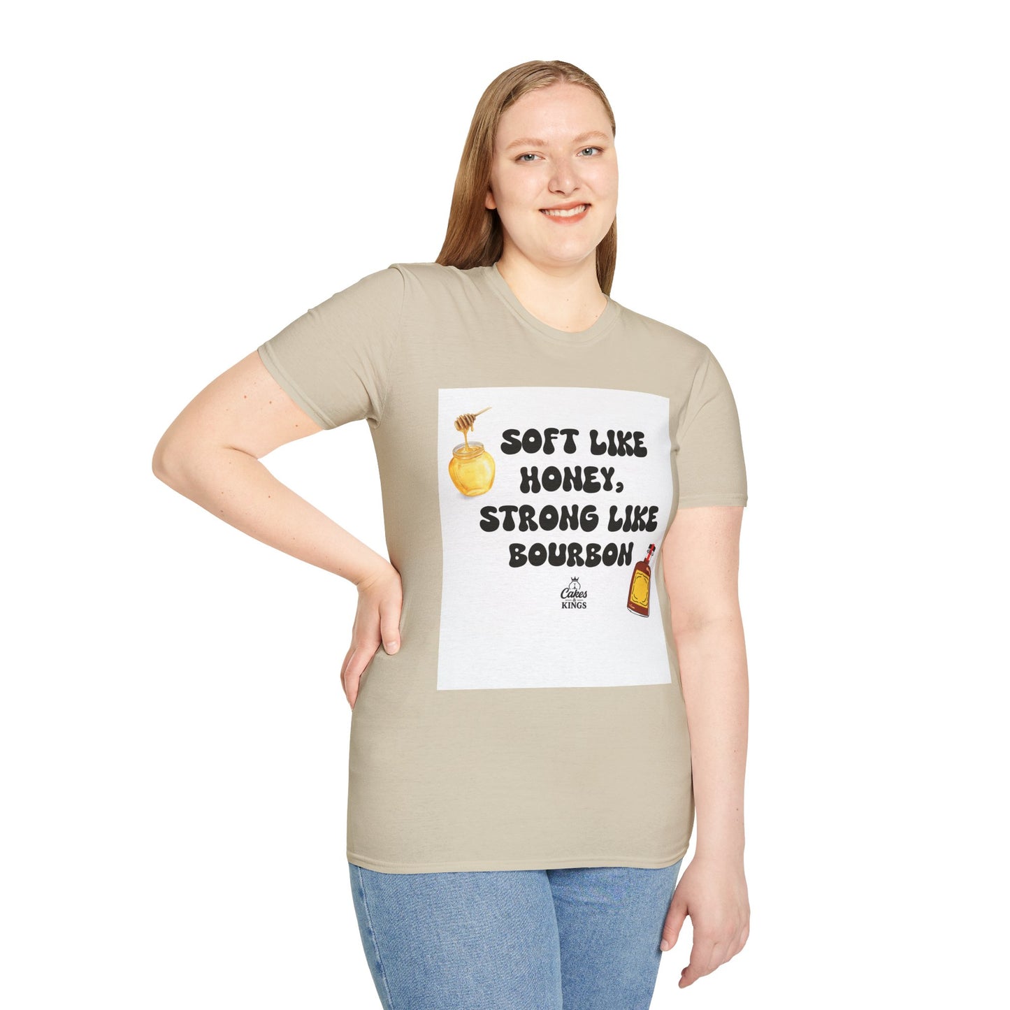Soft Like Honey, Strong Like Bourbon Unisex T-Shirt, Funny Gift, Casual Wear, Bourbon Lover Tee, Birthday Gift, Unisex Graphic Tee