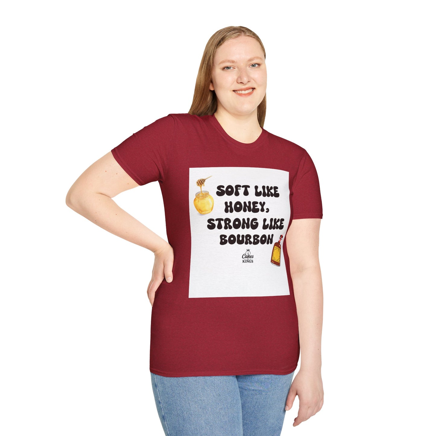 Soft Like Honey, Strong Like Bourbon Unisex T-Shirt, Funny Gift, Casual Wear, Bourbon Lover Tee, Birthday Gift, Unisex Graphic Tee
