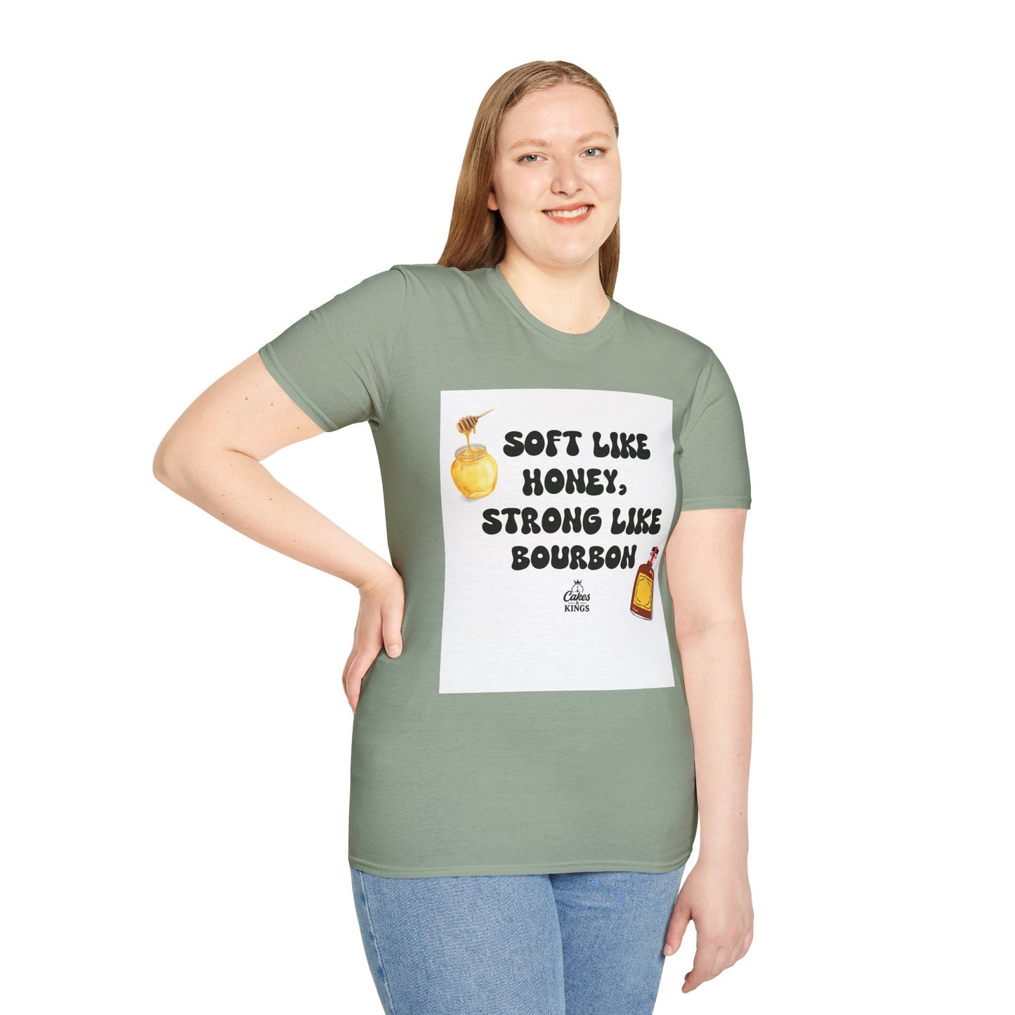 Soft Like Honey, Strong Like Bourbon Unisex T-Shirt, Funny Gift, Casual Wear, Bourbon Lover Tee, Birthday Gift, Unisex Graphic Tee