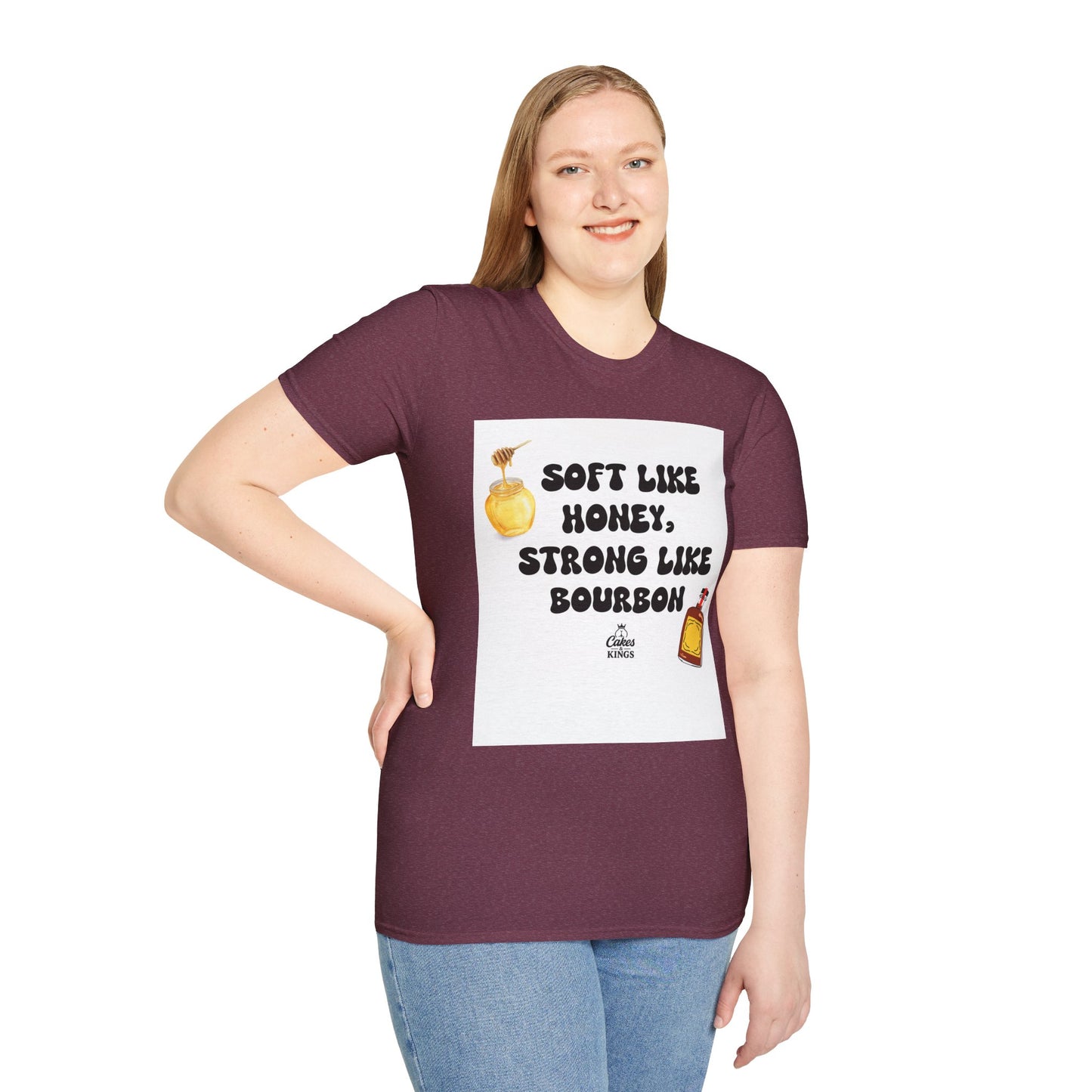 Soft Like Honey, Strong Like Bourbon Unisex T-Shirt, Funny Gift, Casual Wear, Bourbon Lover Tee, Birthday Gift, Unisex Graphic Tee