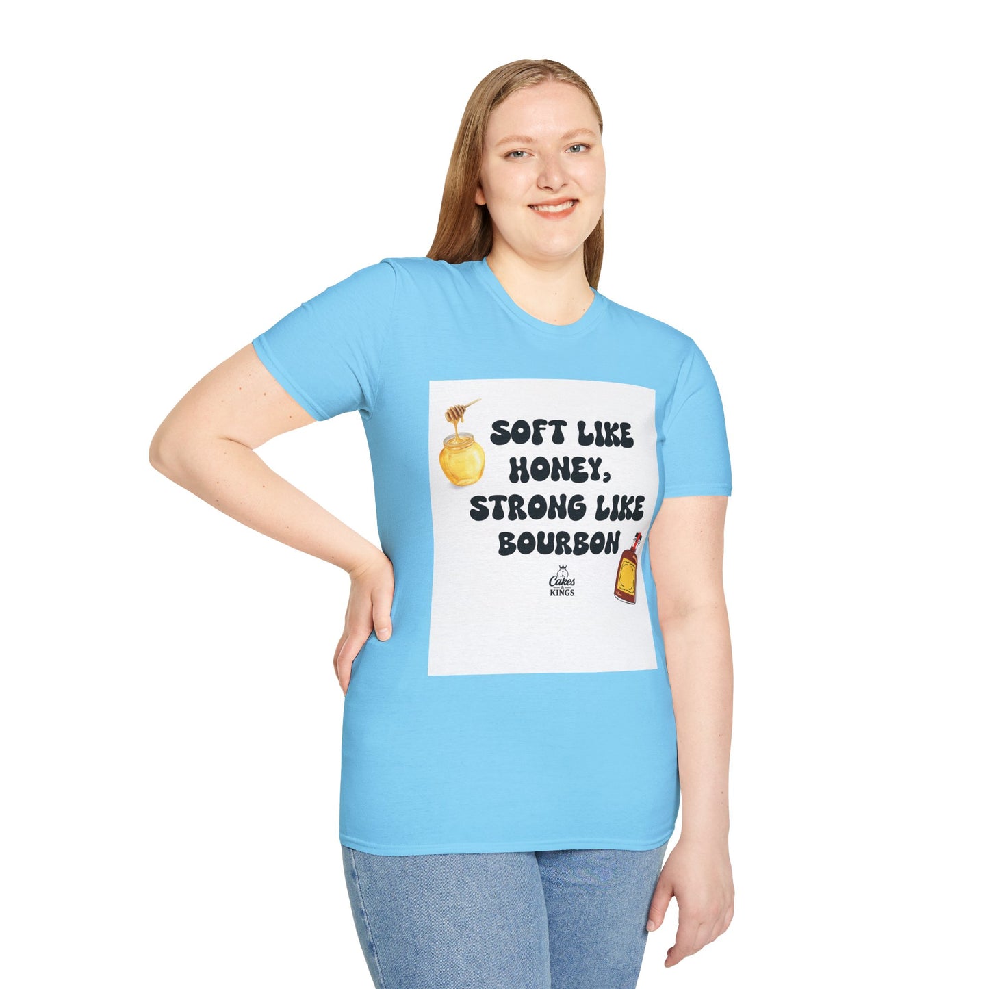 Soft Like Honey, Strong Like Bourbon Unisex T-Shirt, Funny Gift, Casual Wear, Bourbon Lover Tee, Birthday Gift, Unisex Graphic Tee