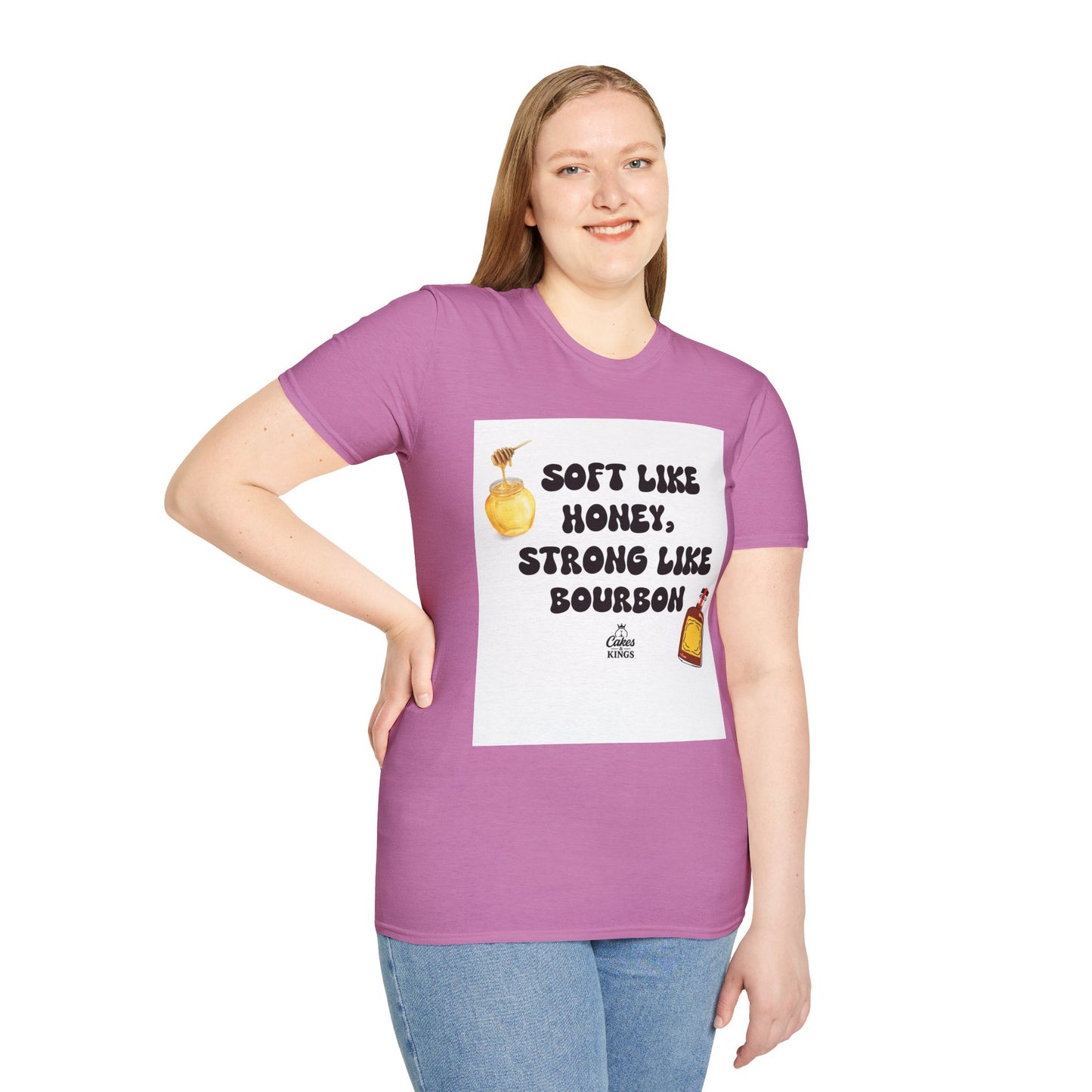 Soft Like Honey, Strong Like Bourbon Unisex T-Shirt, Funny Gift, Casual Wear, Bourbon Lover Tee, Birthday Gift, Unisex Graphic Tee