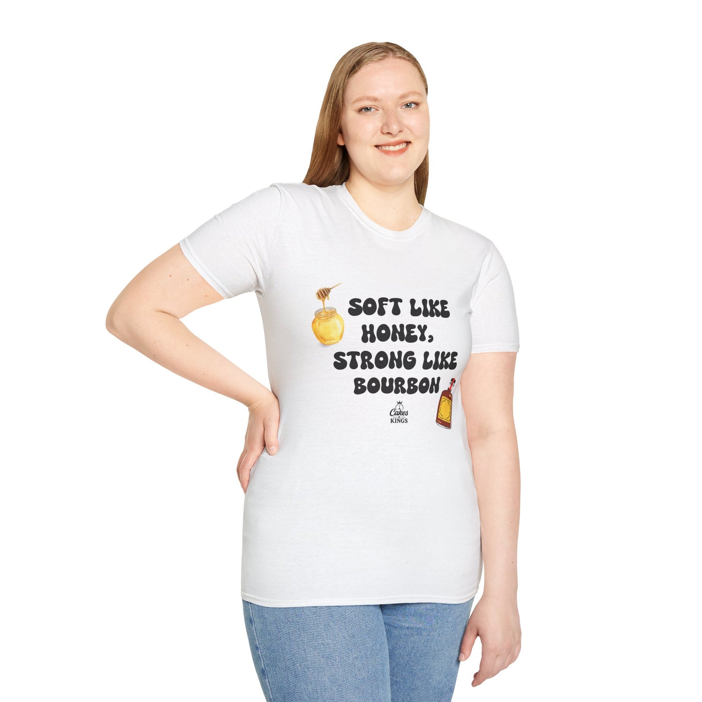 Soft Like Honey, Strong Like Bourbon Unisex T-Shirt, Funny Gift, Casual Wear, Bourbon Lover Tee, Birthday Gift, Unisex Graphic Tee